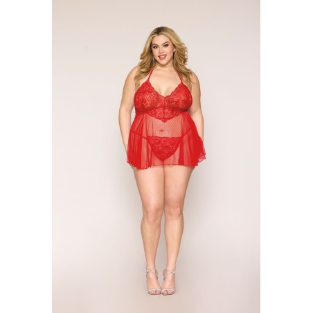 Nuisette grande taille rouge en résille et dentelle florale, string assorti - DG13524XRED