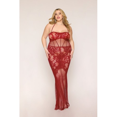 Nuisette longue grande taille en résille rouge - DG0487XRED